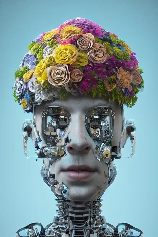 Prompt: a digital portrait of a robot with flowers in its head by Mike Winkelmann, cgsociety contest winner, digital art, made of flowers, digital painting, photoillustration