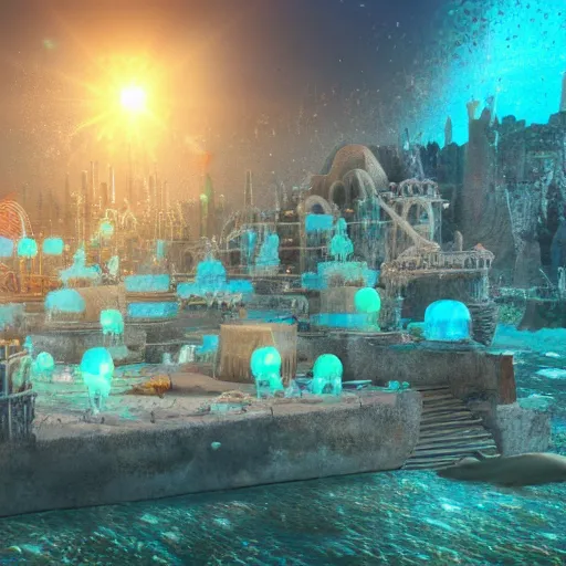 Image similar to underwater city with lots of activities going on, volumetric lighting, dynamic lighting, high detail photo realistic, 4k,hdr