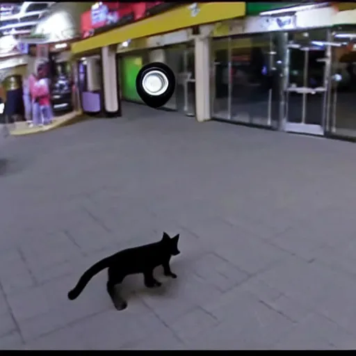 Image similar to black cat trail cam cctv footage in shopping plaza