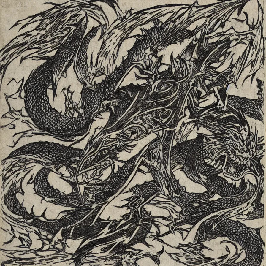 Prompt: Lucina from Fire Emblem as a dragon, traditional Japanese woodcut