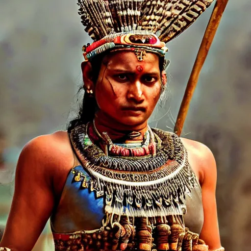 Prompt: an indian warrior woman, wearing intricate armor made of pottery pieces. photorealistic, intricate and detailed.