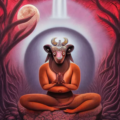 Image similar to an anthromorphic ram meditating in a zen garden with a waterfall under the blood moon, by Adi granov and afarin sajedi and amanda sage and evgeni gordiets and Agostino Arrivabene and adonna khare in a psychedelic portrait style, ultrarealistic matte painting, volumetric lighting, fractal, extremely symmetrical, highly detailed face, orisha, 8k, hd