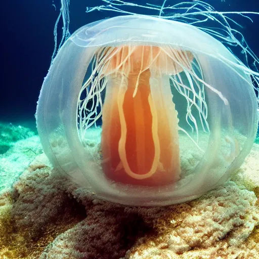 Prompt: underwater portrait of a jellyfish wrapped around a human skull