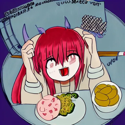 Image similar to neco - arc! from fate, eating raw meat, silly drawing