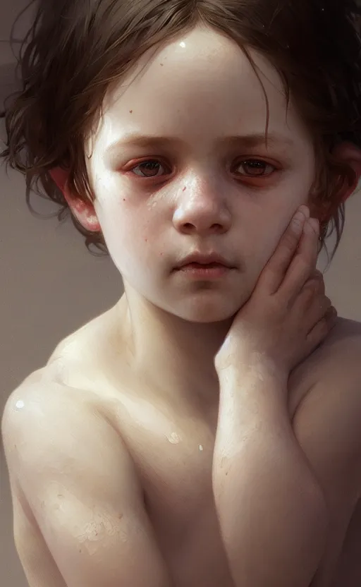 Image similar to a portrait of a blind child, sick white skin, concept art, deep focus, intricate, highly detailed, digital painting, artstation, matte, sharp focus, illustration, art by greg rutkowski and alphonse mucha