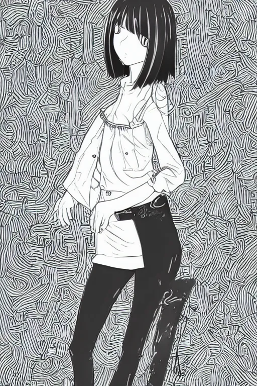 Image similar to portrait of a girl in long pants and a top, hands in pockets, eyes closed, bob haircut, digital art, black and white, lineart by kaoru mori