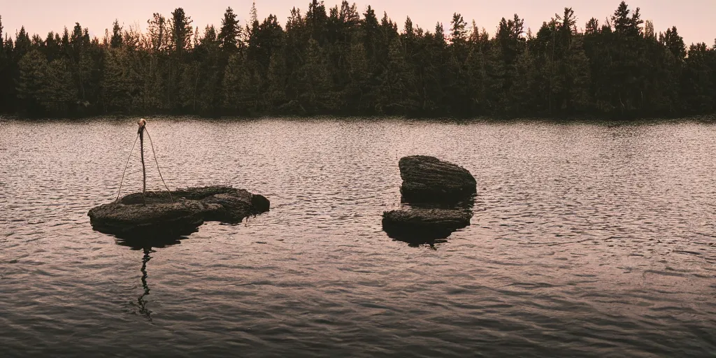 Image similar to cinematic shot of a lake with a rope floating in the middle, a rocky foreground, sunset, a bundle of rope is in the center of the lake, eerie vibe, leica, 2 4 mm lens, 3 5 mm kodak film, f / 2 2, anamorphic