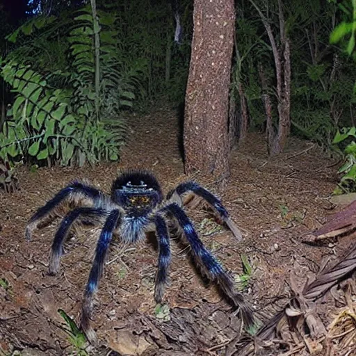 Prompt: Giant tarantula trailcam footage nightvision forest