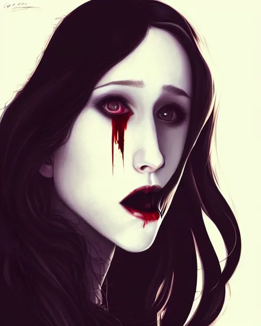 Image similar to in the style of Joshua Middleton and artgerm, beautiful evil vampire Taissa Farmiga sharp bloody vampire fangs open mouth, long black hair, full body, moody lighting