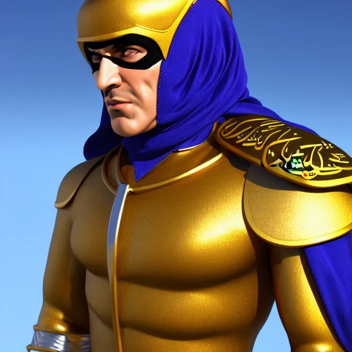 Prompt: bust, captain falcon as sheik mohammad ruler of dubai, head and torso only, masterpiece, medieval arabia, sharp details, hd, 4 k