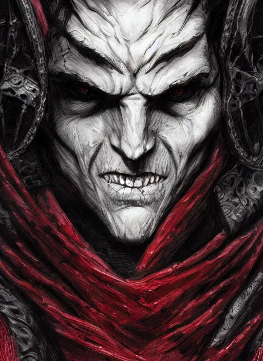 Prompt: close up portrait of a vampire in a dark cloak, black and red color, powerful, domineering, stoic, masterful, intense, ultrafine hyperdetailed illustration by kim jung gi, irakli nadar, intricate linework, sharp focus, octopath traveler, yoji shinkawa, highly rendered, detailed, concept art