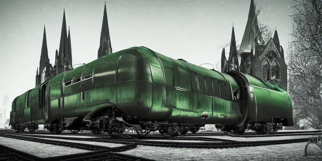 Image similar to hybrid of steel streamline retro train and gothic cathedral church, green locomotive lantern, streamline style, art Deco style, high details,Gothic style, octane render, 8k, artstation, diselpunk, snow