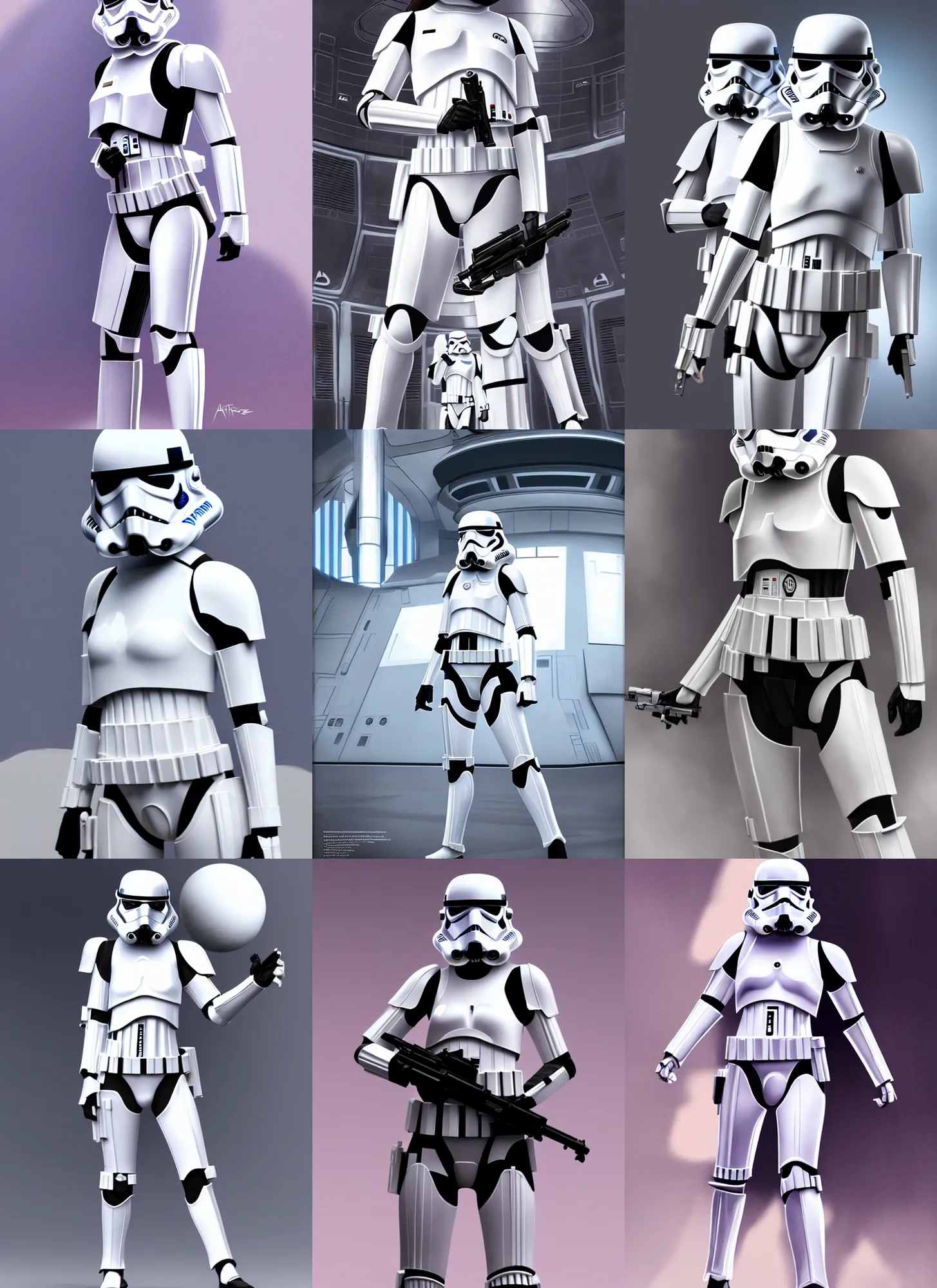 Prompt: ! female! stormtrooper! supermodel! posing in front of deathstar interior, wearing shiny stormtrooper armor, elegant, cinematic, featured on artstation, artwork by artgerm, wlop, frank frazatta