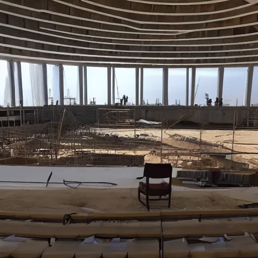 Image similar to the interior of the israeli parliament is outside in the middle of a building construction site, wide shot