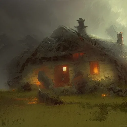 Image similar to a evil thunderstorm overtop a small farm, eerie, craig mullins