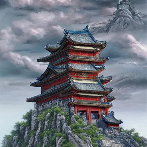 Image similar to dynamic composition, motion, ultra-detailed, incredibly detailed, a lot of details, amazing fine details and brush strokes, colorful and grayish palette, smooth, HD semirealistic anime CG concept art digital painting, watercolor oil painting of epic castle gate, from Three Kingdoms, by a Chinese artist at ArtStation, by Huang Guangjian, Fenghua Zhong, Ruan Jia, Xin Jin and Wei Chang. Realistic artwork of a Chinese videogame, gradients, gentle an harmonic grayish colors.