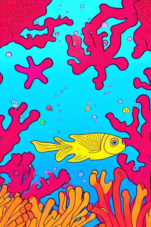 Image similar to a beautiful and colorful fish swimming through a coral in the ocean, cartoon style