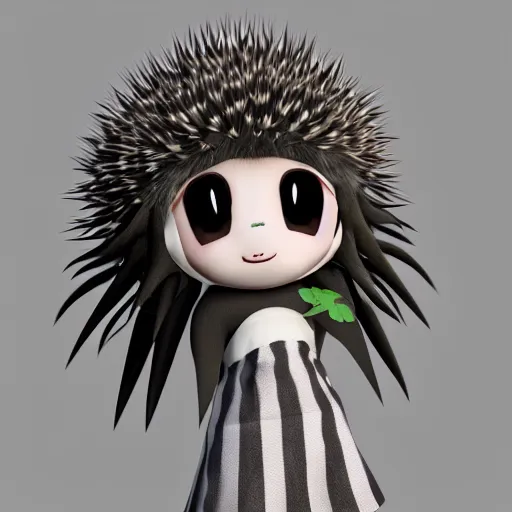 Prompt: cute fumo plush of a hedgehog girl with prickly spines, character design contest winner, silhouette, artstation, vray, anime girl, black and white, striped gothic dress