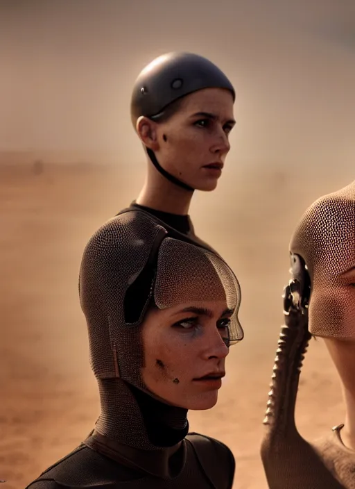 Image similar to cinestill 5 0 d photographic portrait by steve mccurry of two loving female androids wearing rugged black mesh techwear on a desolate plain, extreme closeup, modern cyberpunk, dust storm, 8 k, hd, high resolution, 3 5 mm, f / 3 2, ultra realistic faces, ex machina