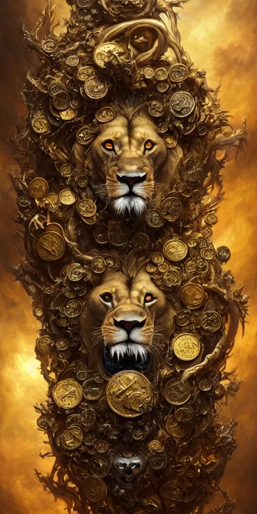 Image similar to a beautiful detailed 3 d matte portrait of a alchemist lion, by ellen jewett, by tomasz alen kopera, by justin gerard, ominous, magical realism, texture, intricate, skull, skeleton, gold coins, money, whirling smoke, alchemist bottles, radiant colors, fantasy, volumetric lighting, high details