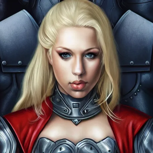 Prompt: fantasy RPG symmetrical portrait, centered shoulders up view, kagney linn karter as a young blonde woman, blonde hair, blue eyes, not wearing level 1 plate armour, pale skin, 4k, by wlop, artgerm, andrei riabovitchev, nuri iyem, james gurney, james jean, greg rutkowski, highly detailed, soft lighting 8k resolution