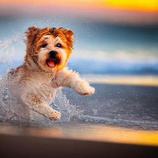 Image similar to a closeup photorealistic photograph of a cute smiling tiger bichon puppy splashing in the surf during sunset. professional capture, well lit shot. this 4 k hd image is trending on artstation, featured on behance, well - rendered, extra crisp, features intricate detail, epic composition and the style of unreal engine.