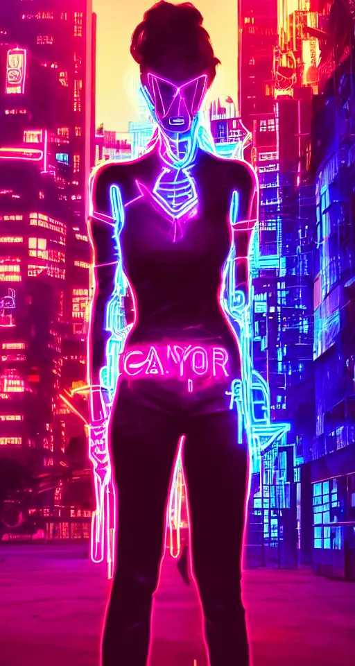 Image similar to cyber women, city, neon lights, glow, retrowave style, sunset,