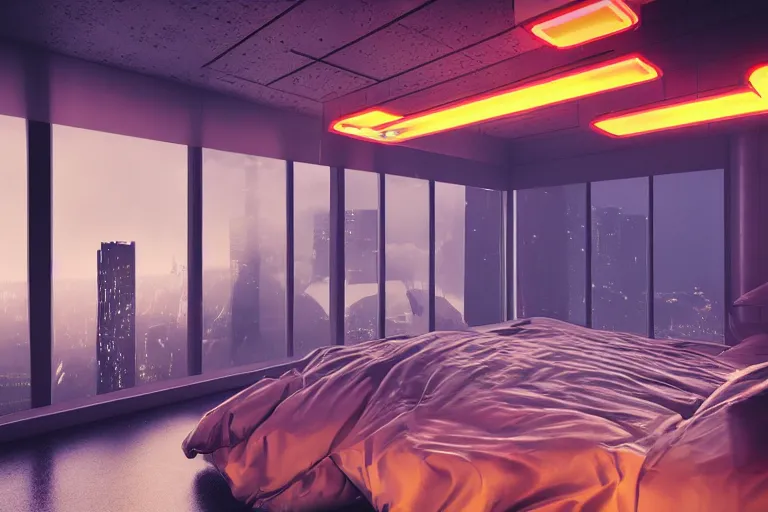 Prompt: futuristic bedroom, brutalist, ceiling high windows, cyberpunk, cityscape, neon lights, night, raining, volumetric light