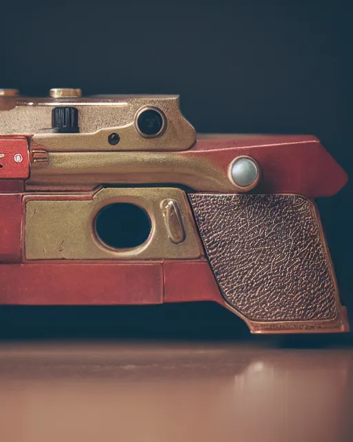 Image similar to high quality presentation photo of a very detailed retro model ray gun, photography 4k, f1.8 anamorphic, bokeh, 4k, Canon, Nikon