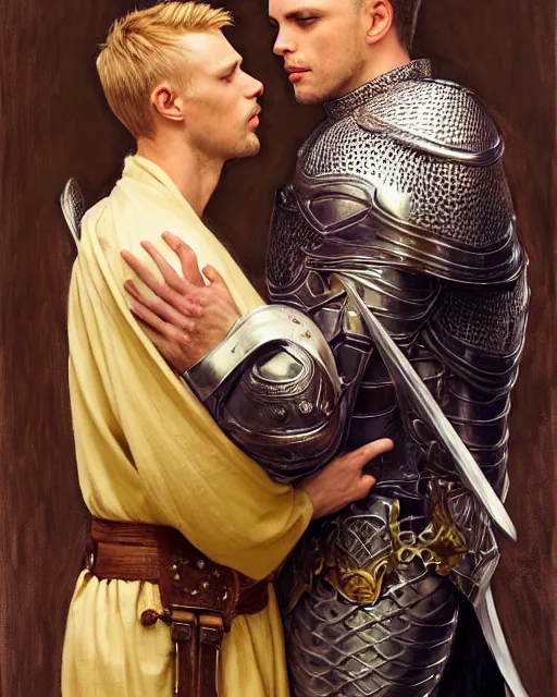 Image similar to attractive arthur pendragon confesses his love to his attractive male knight, they are close to each other, in a quiet moment, they are wearing robes, highly detailed, very intricate, cinematic lighting, by donato giancola and rossdraws and magali villenueve, j. c. leyendecker, featured on artstation