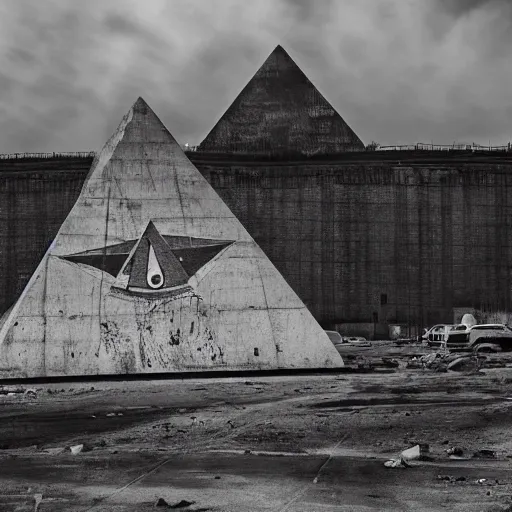 Image similar to gigantic concrete pyramid in the background, all seeing eye, haunting desolation, post apocalyptic, abandoned city