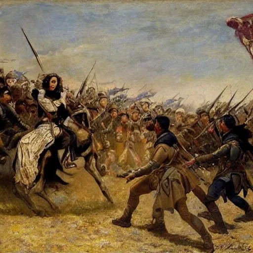 Image similar to action heroine leading an army into battle, by alfred stevens