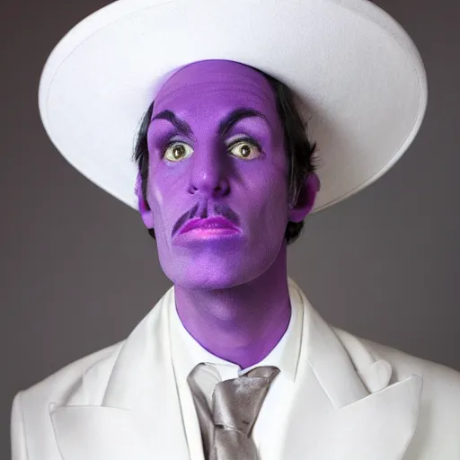 Image similar to a purple skinned tiefling with a goatee wearing a white suit and tophat, purple skin, goatee, by Monia Merlo