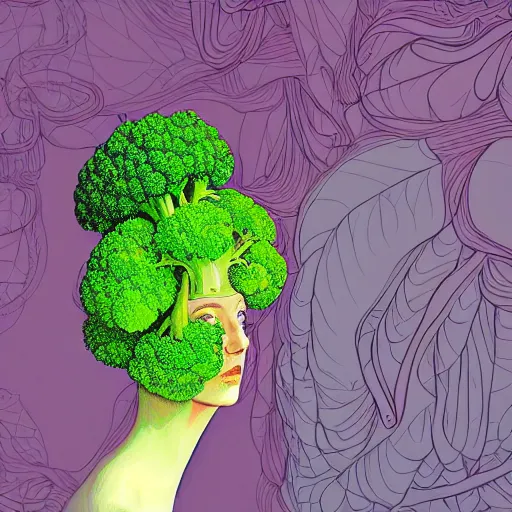 Image similar to the portrait of broccoli that resembles an unbelievably beautiful and sophisticated young woman, an ultrafine detailed illustration by james jean, intricate linework, bright colors, final fantasy, behance contest winner, vanitas, angular, altermodern, unreal engine 5 highly rendered, global illumination, radiant light, detailed and intricate environment