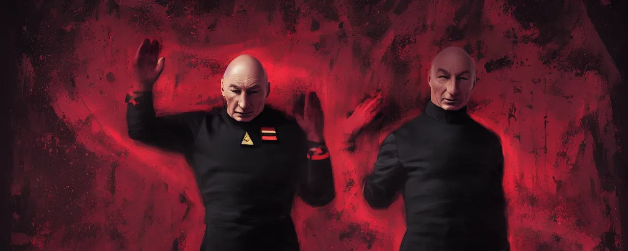 Image similar to duotone black and red concept 3 / 4 portrait of ( ( ( picard facepalm meme ) ) ) captain jean - luc picard doing facepalm inside uss enterprise. accidental renaissance. concept by stanley kubrick. sergey kolesov and ruan jia and heng z. graffiti art, scifi, fantasy, hyper detailed. octane render. trending on artstation