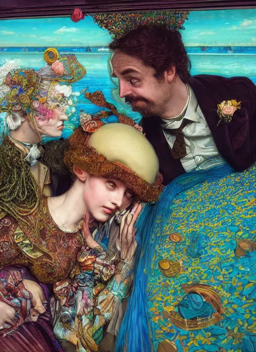 Prompt: detailed colourful masterpiece of photography couple wedding portrait sat down extreme closeup, inside an underwater train, detailed realistic expressions, wearing unusual clothes, by ford madox brown and william powell frith and moebius and kilian eng and frederic leighton and john william waterhouse and greg hildebrandt