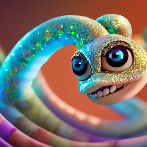 Image similar to baby gem snake, snake, big eyes, crystalized scales, white fur with gems, pastel colours, shiny glitter / crystals, pixar animation style, detailed, soft light, octane render, 4 k,