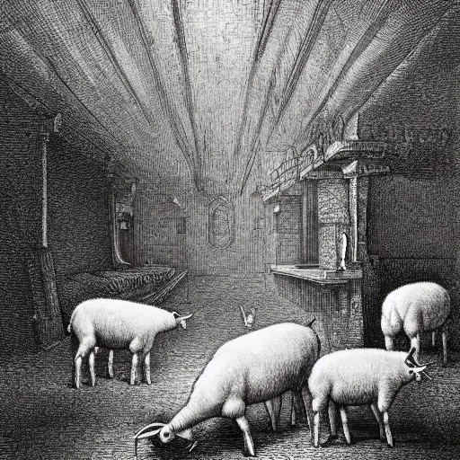 Prompt: gordon ramsey salivating over lambs, etching by gustave dore, colorful flat surreal, ethereal, intricate, sharp focus, illustration, highly detailed, digital painting, concept art, masterpiece