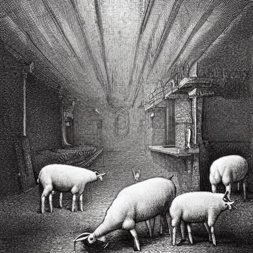 Image similar to gordon ramsey salivating over lambs, etching by gustave dore, colorful flat surreal, ethereal, intricate, sharp focus, illustration, highly detailed, digital painting, concept art, masterpiece