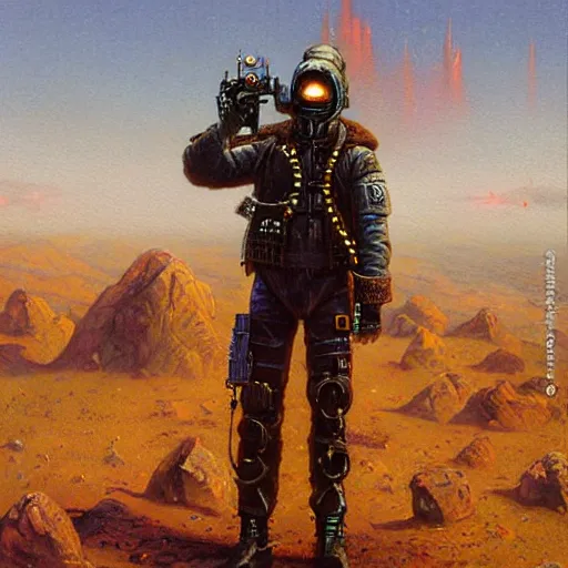 Prompt: a cyberpunk soldier standing on a hill, painted by ken kelly