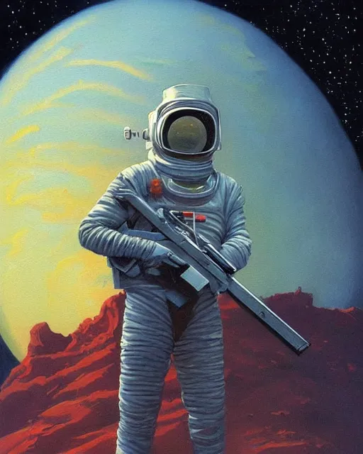 Prompt: a painting of a spaceman holding a rifle, concept art by michael whelan and tim white and vincent di fate, featured on deviantart, space art, concept art, sci - fi, cosmic horror