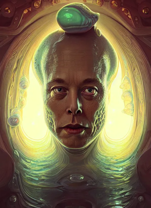 Image similar to elon musk as mollusk, slime, drool, portrait, intricate, elegant, highly detailed, digital painting, artstation, concept art, wallpaper, smooth, sharp focus, illustration, art by artgerm and greg rutkowski and alphonse mucha