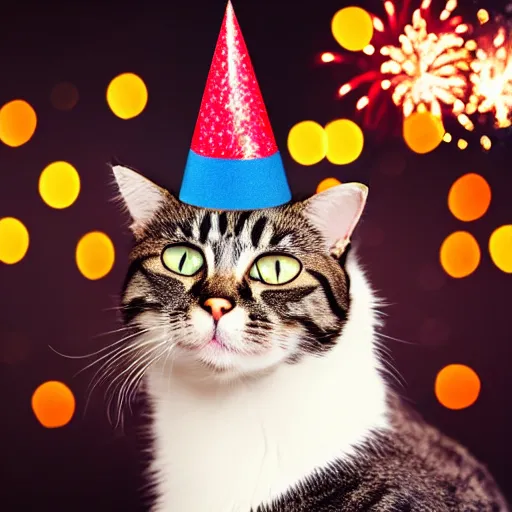 Prompt: a photo of a Cat wearing a birthday hat, studio portrait, fireworks in background