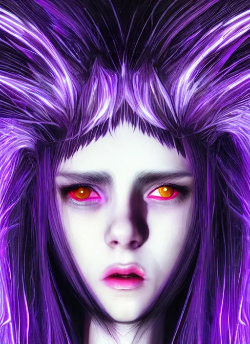 Image similar to hair whitebangs hair, black cyberlox, portrait of teenage girl with white bangs, whitebangsblackhair, messy bangs, cyberlox, whitebangs, red irises, purple clothes, intricate, elegant, glowing lights, highly detailed, digital painting, artstation, concept art, sharp focus, illustration, art by wlop, mars ravelo and greg rutkowski