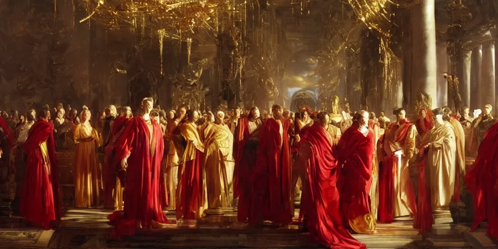 Image similar to beautiful oil painting, steve buscemi in royal crimson robes enthroned as the god emperor of ancient rome surrounded by servants in gilded halls a golden wreath upon his head, by anders zorn, wonderful masterpiece by greg rutkowski, beautiful cinematic light, american romanticism, by thomas lawrence, greg rutkowski