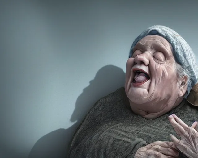 Image similar to of a very beautiful scene. ambient occlusion render. a sweet fat old woman is giving birth to her shadow. hyper realistic. 4 k. wide angle. wild. symmetrical face, red mouth, blue eyes. deep focus, lovely scene. ambient occlusion render. concept art. unreal engine.