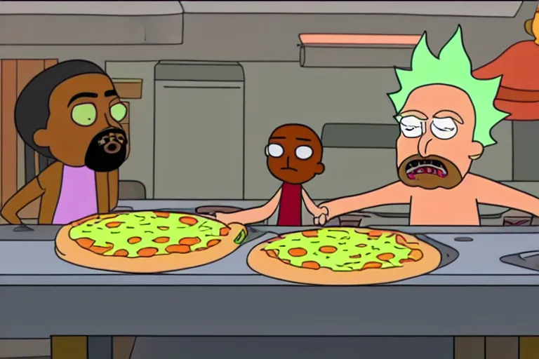 Prompt: kanye west making pizza in Rick and Morty, Rick and Morty