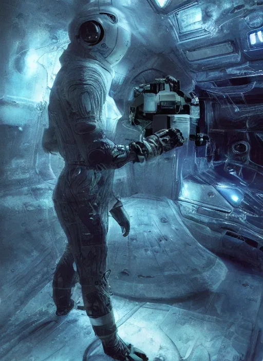 Prompt: infrared concept art by craig mullins astronauts in futuristic dark and empty spaceship underwater. complex and hyperdetailed technical glowing suit. reflection and dispersion materials. rays and dispersion of light. volumetric light. 5 0 mm, f / 3 2. noise film photo. flash photography. octane render. interstellar movie art