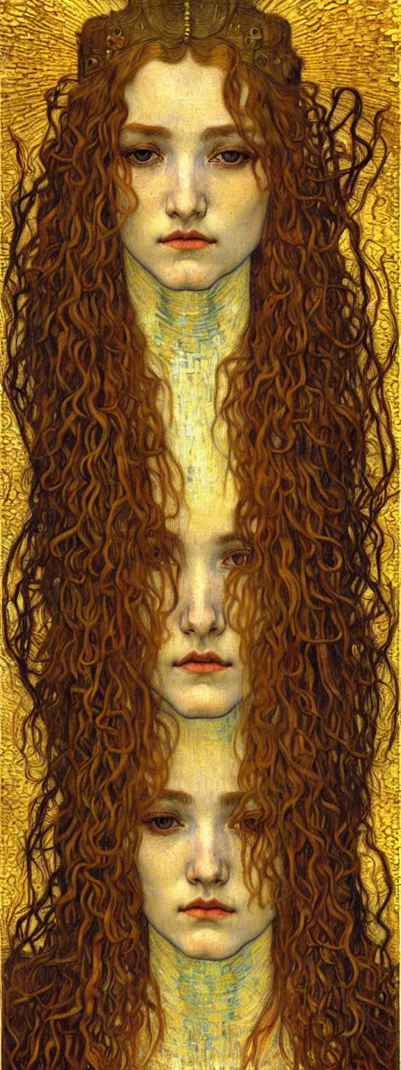 Image similar to detailed realistic beautiful young medieval queen face portrait by jean delville, gustav klimt and vincent van gogh, art nouveau, symbolist, visionary, gothic, pre - raphaelite, muted earthy colors, desaturated