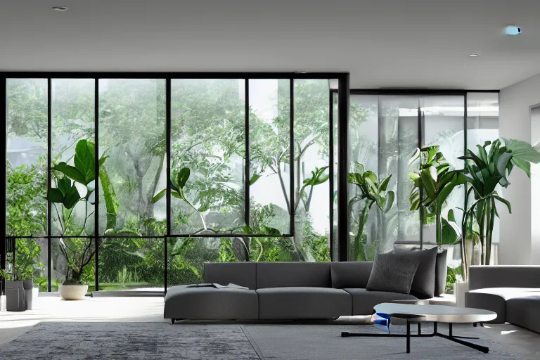 Image similar to a modern indoor room, open doors to garden, architecture a couch table some lush plants daylight 8 k octane render